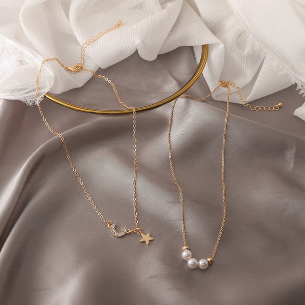 Sparkling Crystal Moon Star Pendant | Pearl Necklace | GATTARA